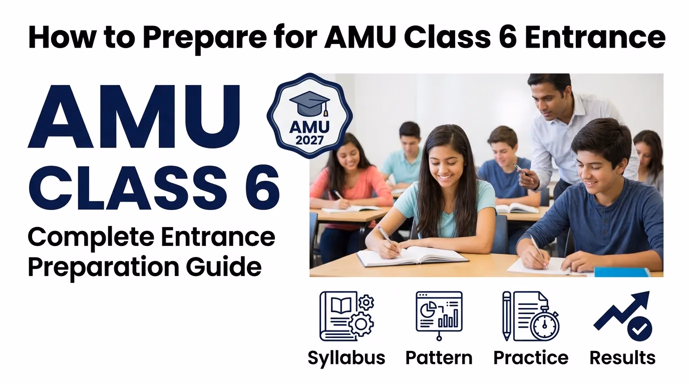 Students studying for AMU Class 6 entrance exam with books and notes at JGPS.